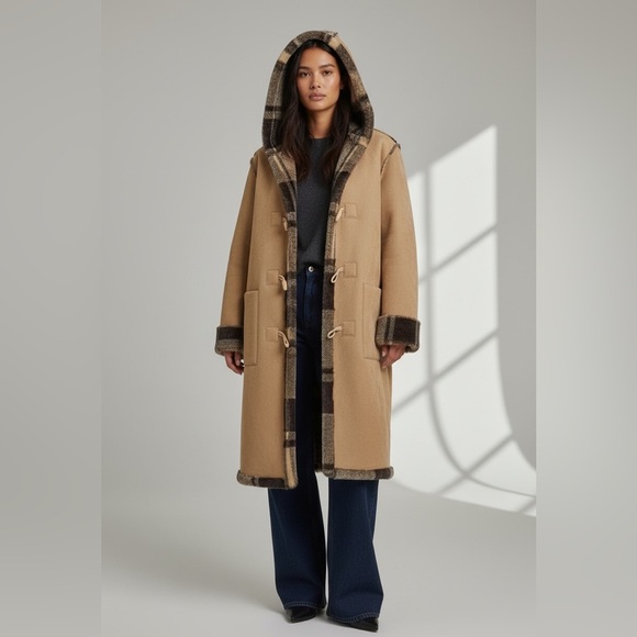 Centigrade Jackets & Blazers - Vintage Y2K 90s Faux Suede Tan & Plaid Reversible Hooded Toggle Coat Jacket